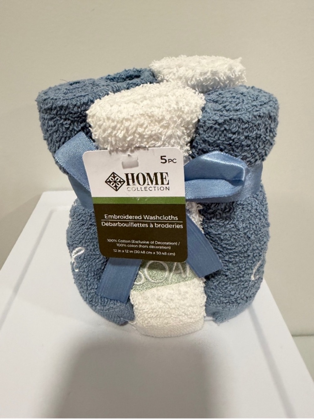 Home Collection White Blue Wash Cloths x 5 Embroidered Soap So Fresh So Clean